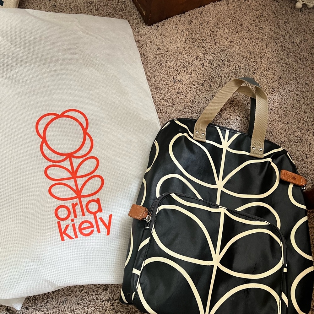 Orla Kiely Black and Cream Backpack with Signature Stem Pattern
